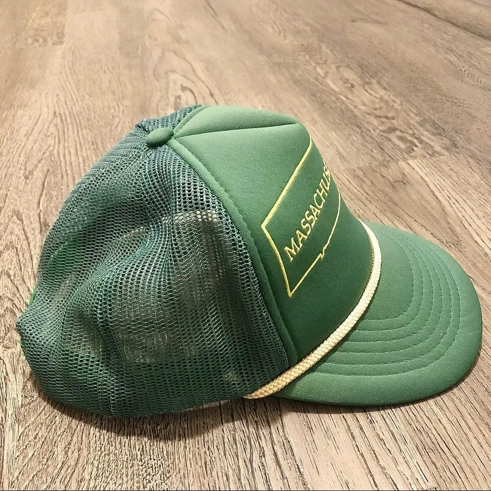Vintage Snapback Rope Hat Cap Trucker Massachusetts State Pilgrim Green Mesh